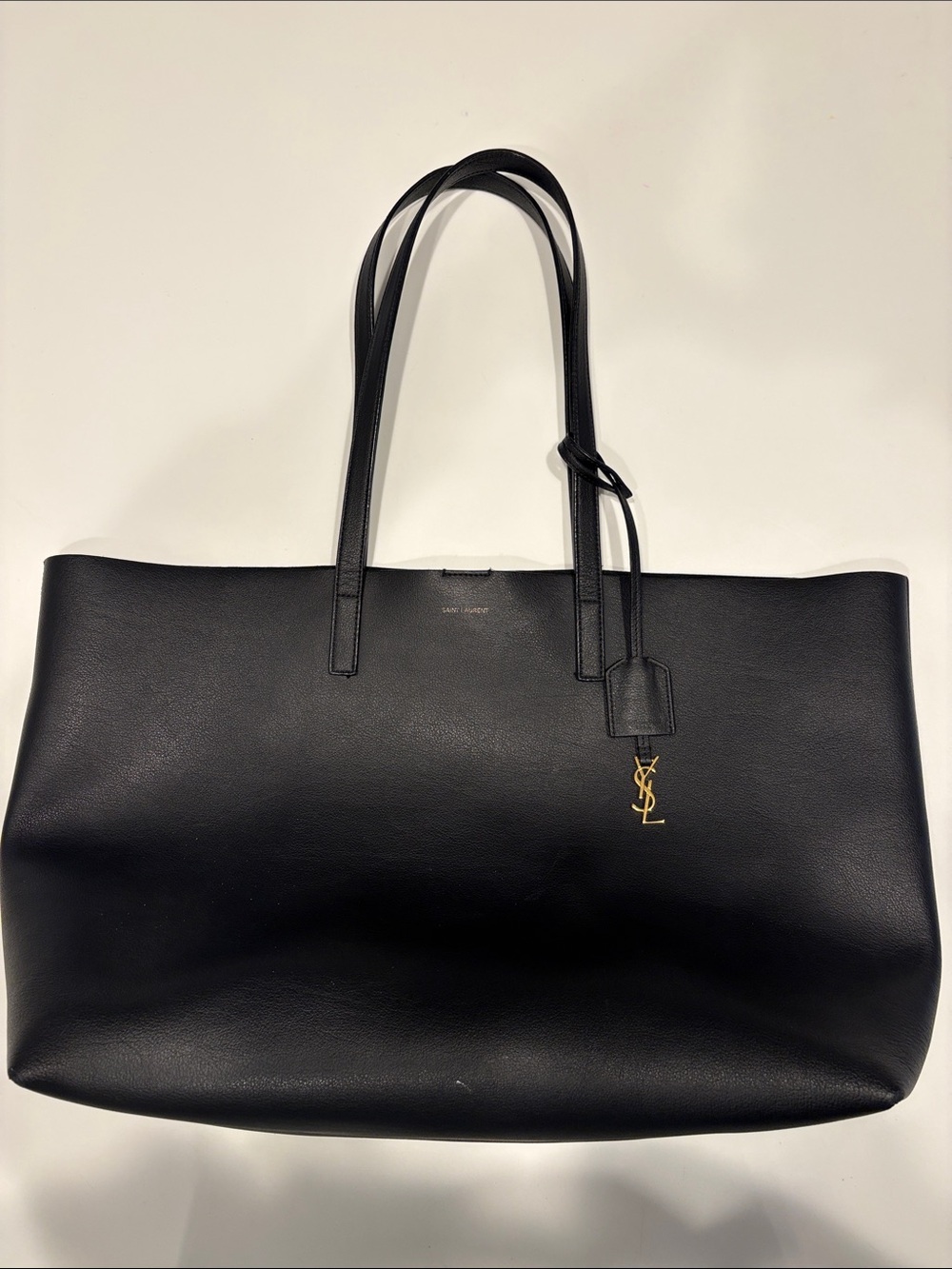 Saint Laurent Black Leather Tote with Gold YSL Charm Accent